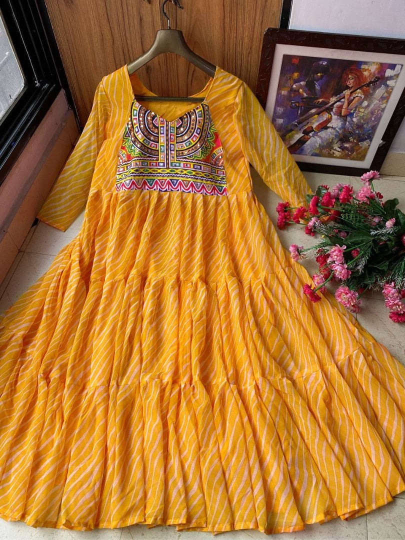 Yellow georgette digital printed ruffle layer mirror work long kurti