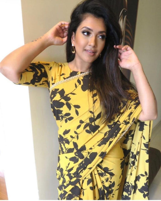 Yellow georgette digital printed saree