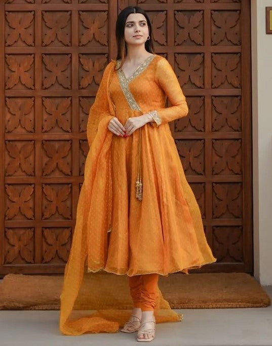 Yellow georgette dot printed flairy anarkali suit