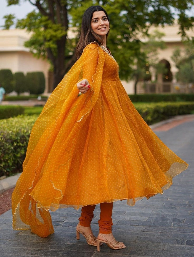 Yellow georgette dot printed flairy anarkali suit