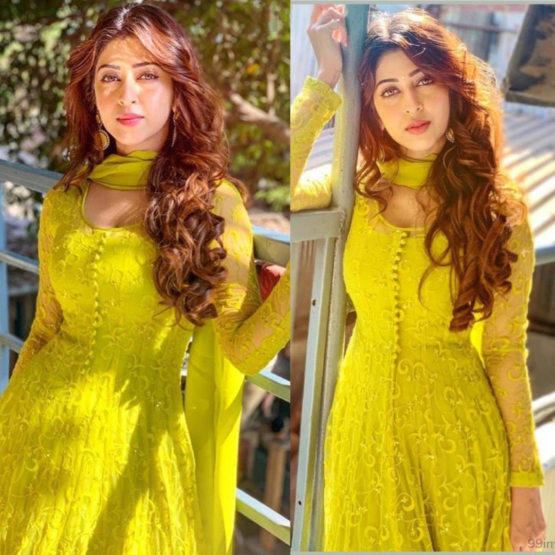 Yellow georgette embroidered anarkali suit