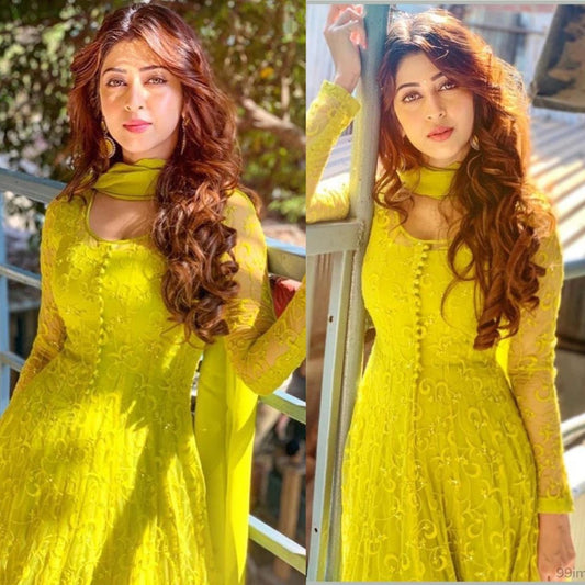 Yellow georgette embroidered anarkali suit