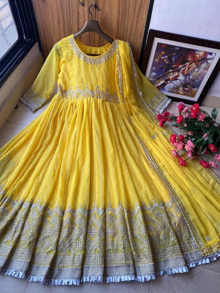 Yellow georgette embroidered anarkali suit