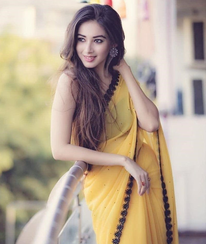 Yellow georgette embroidered border casual saree