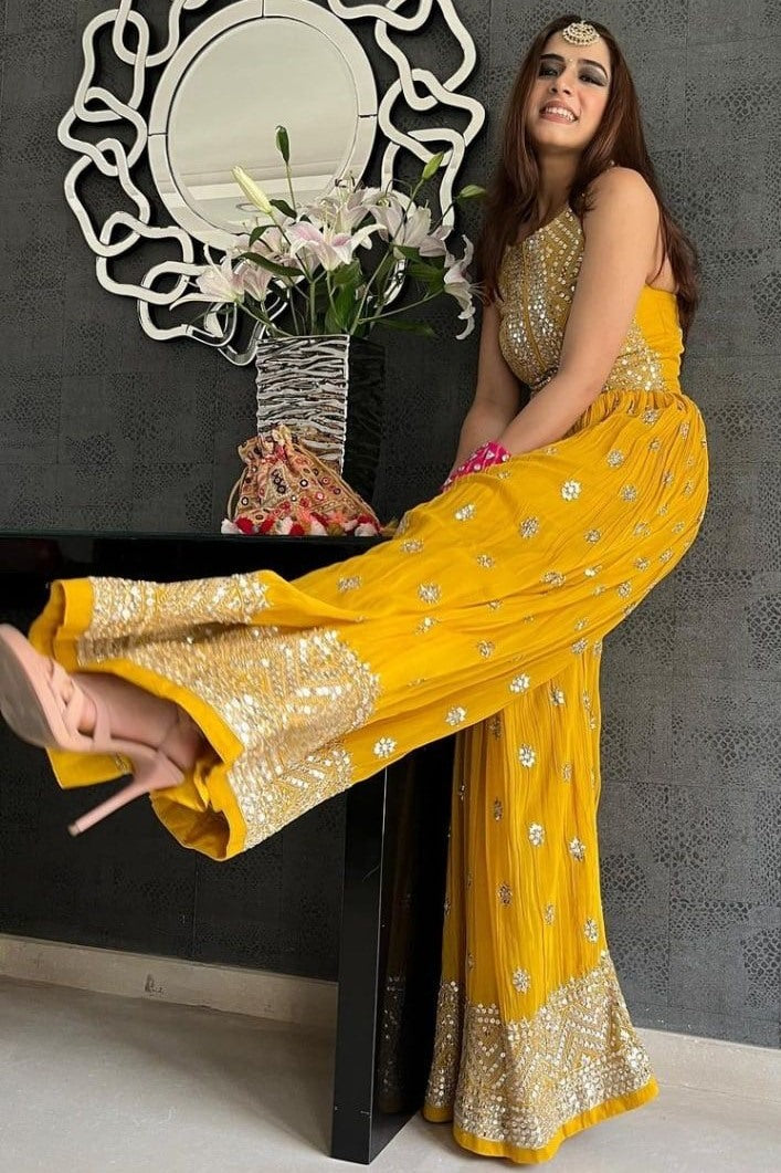 Yellow georgette embroidered ethnic jumpsuit