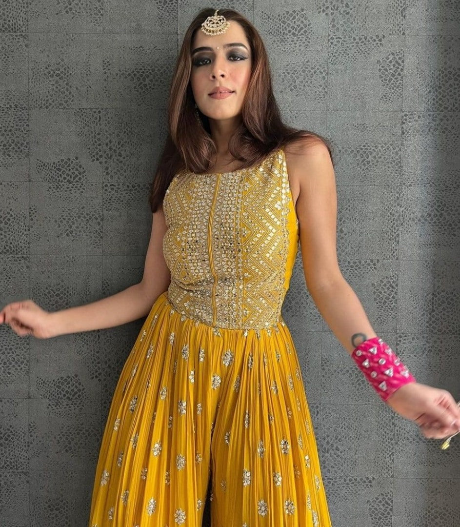 Yellow georgette embroidered ethnic jumpsuit