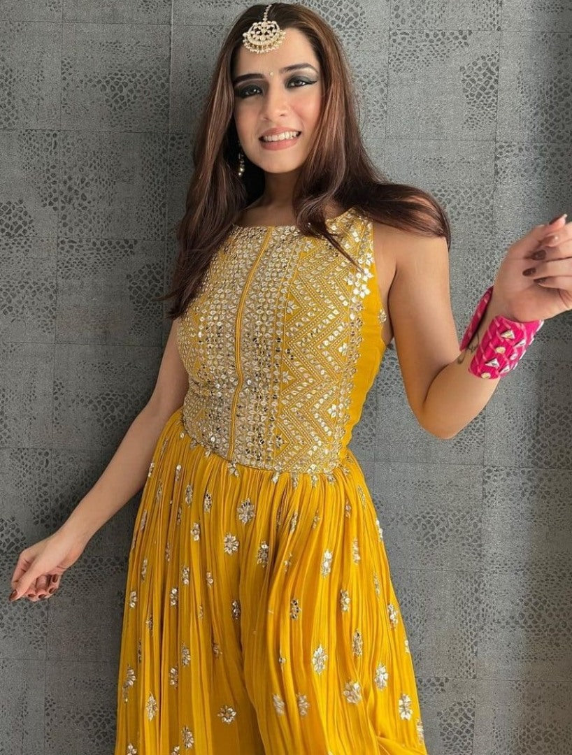 Yellow georgette embroidered ethnic jumpsuit