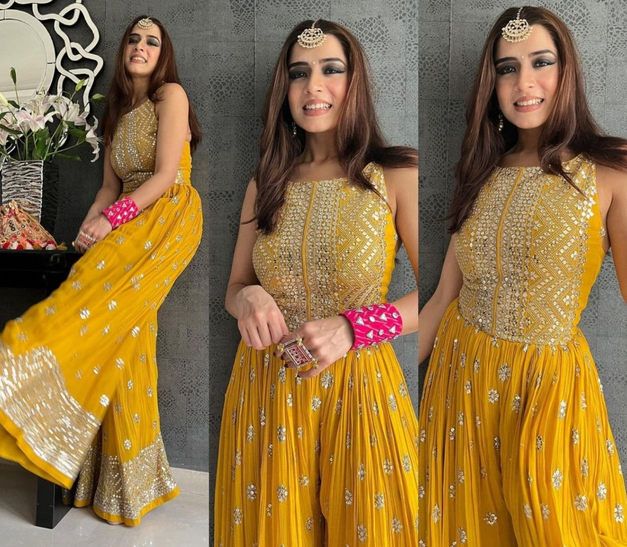 Yellow georgette embroidered ethnic jumpsuit