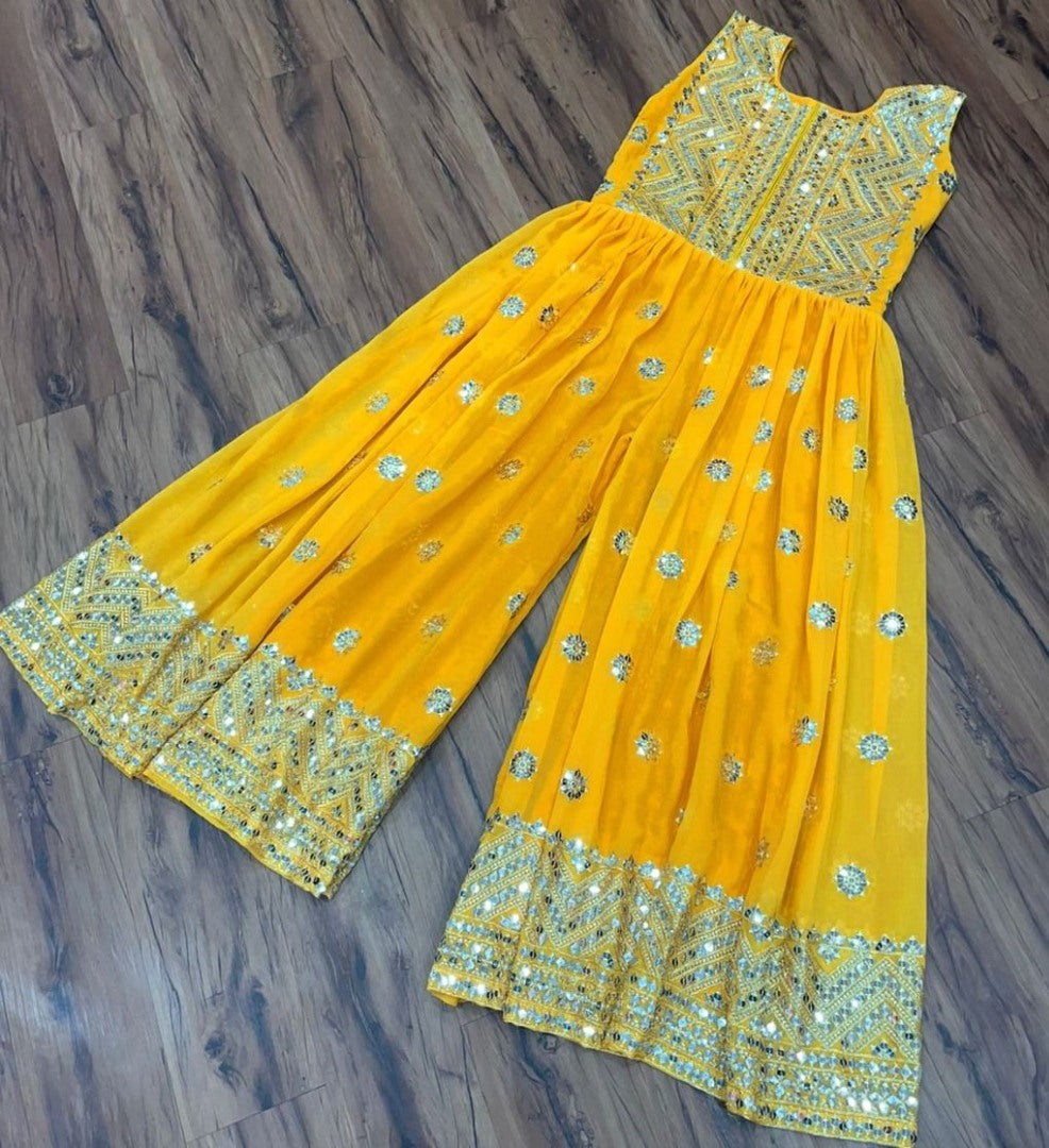 Yellow georgette embroidered ethnic jumpsuit