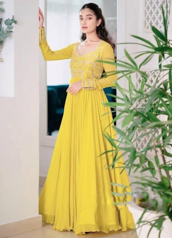 Yellow georgette embroidered gown