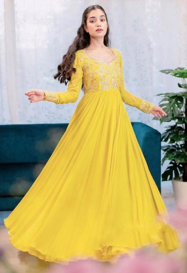 Yellow georgette embroidered gown