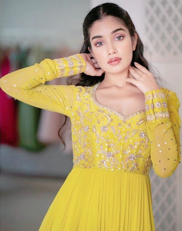 Yellow georgette embroidered gown