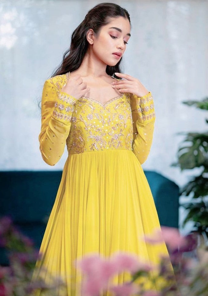 Yellow georgette embroidered gown