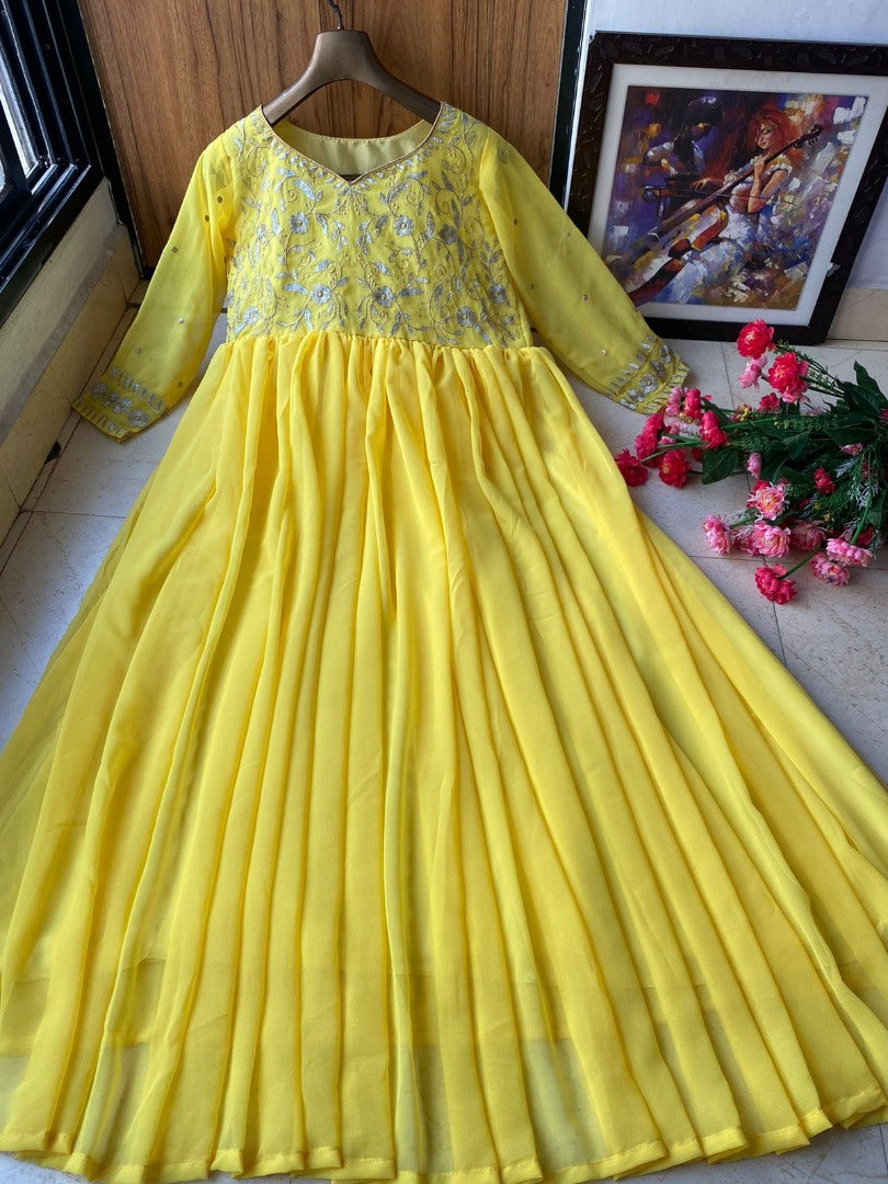 Yellow georgette embroidered gown