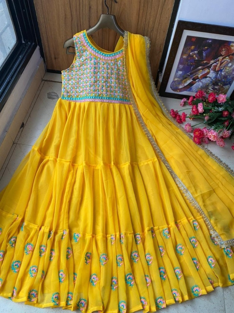 Yellow georgette embroidered gown