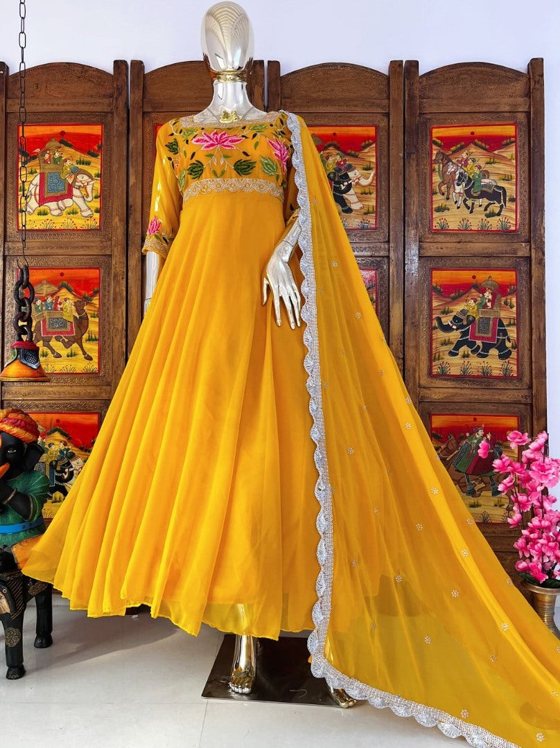 Yellow georgette embroidered long gown