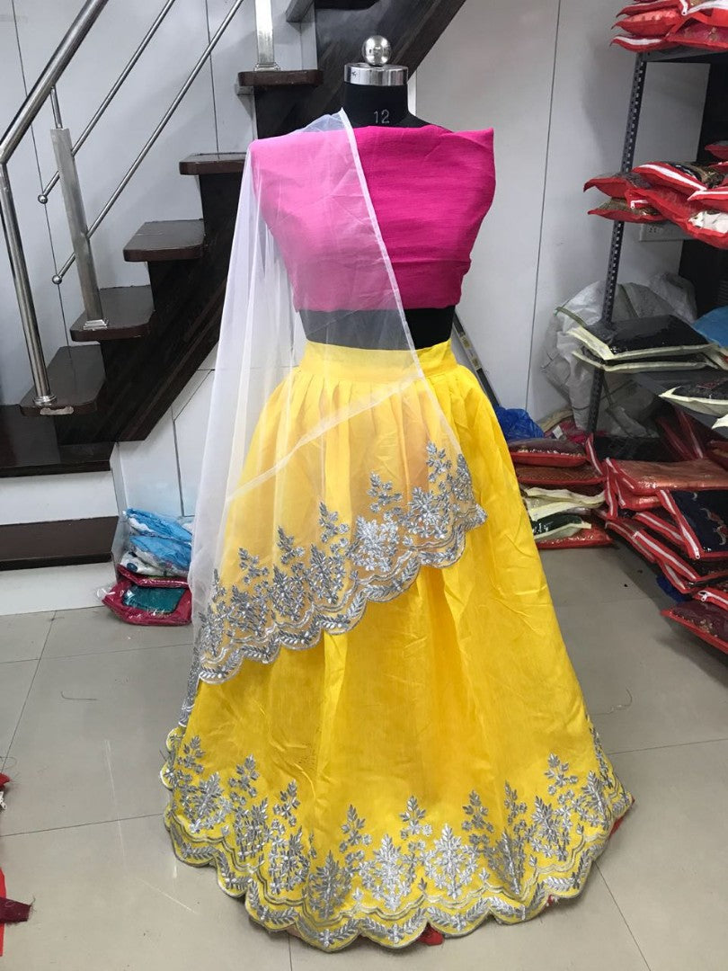 yellow georgette embroidered partywear lehenga