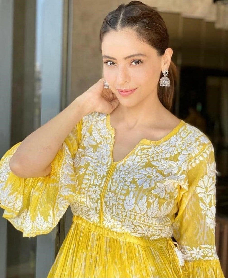 Yellow georgette embroidered plazzo kurti