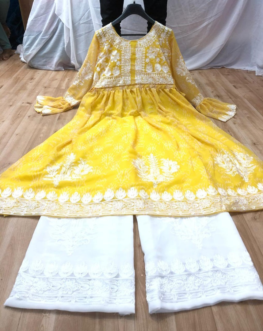 Yellow georgette embroidered plazzo kurti