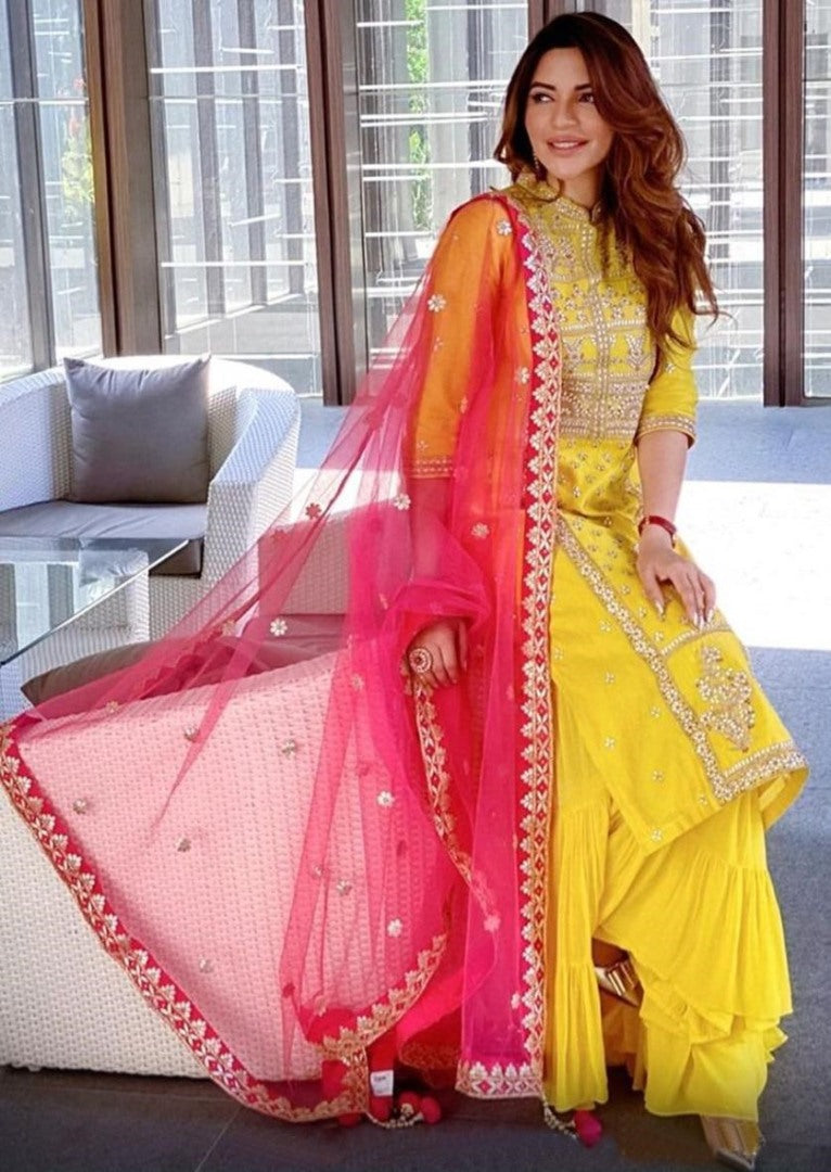 Yellow georgette embroidered plazzo salwar suit
