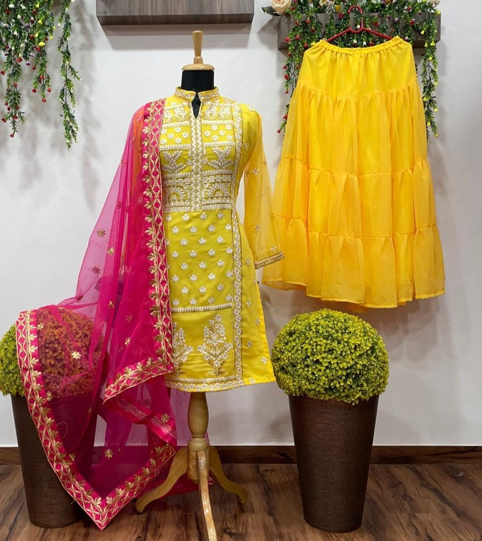 Yellow georgette embroidered plazzo salwar suit