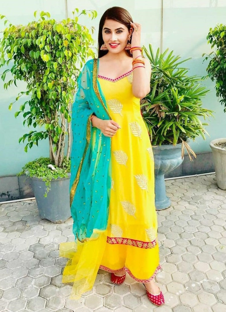 Yellow georgette embroidered plazzo suit