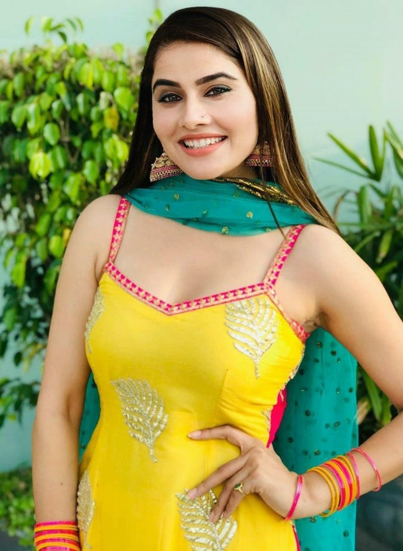 Yellow georgette embroidered plazzo suit