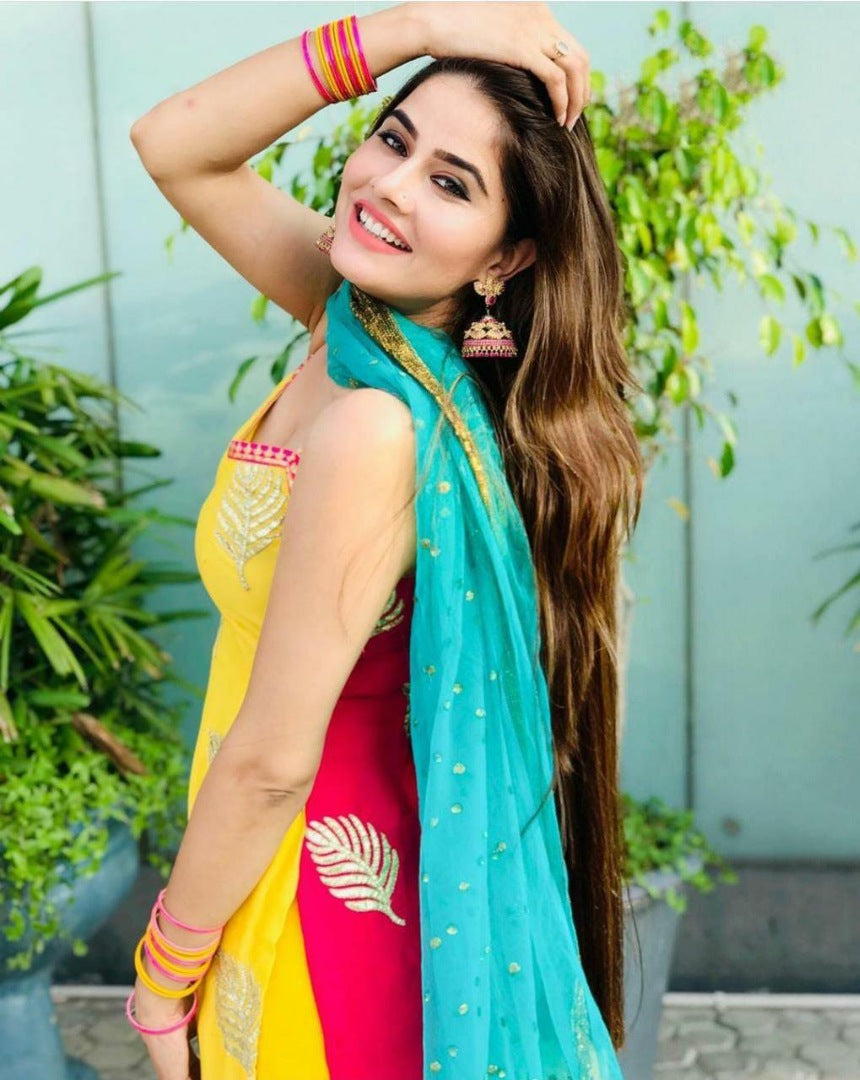 Yellow georgette embroidered plazzo suit