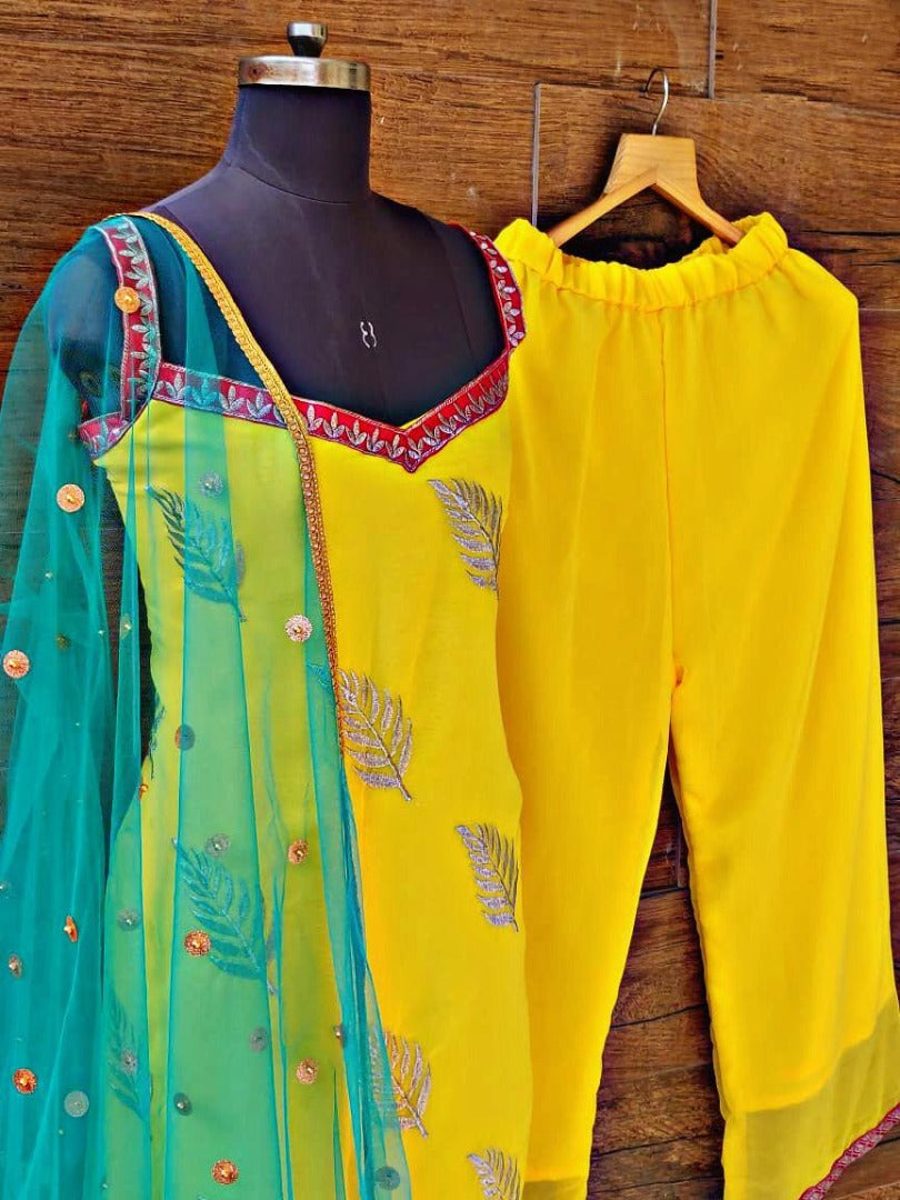 Yellow georgette embroidered plazzo suit