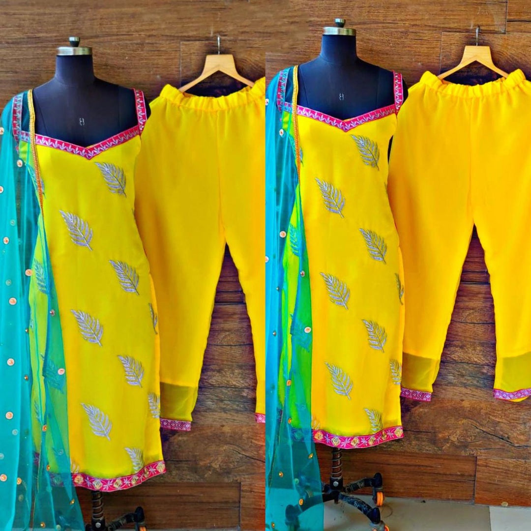 Yellow georgette embroidered plazzo suit