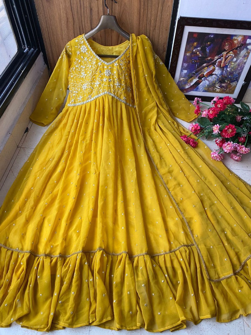 Yellow georgette embroidered ruffle layered anarkali suit