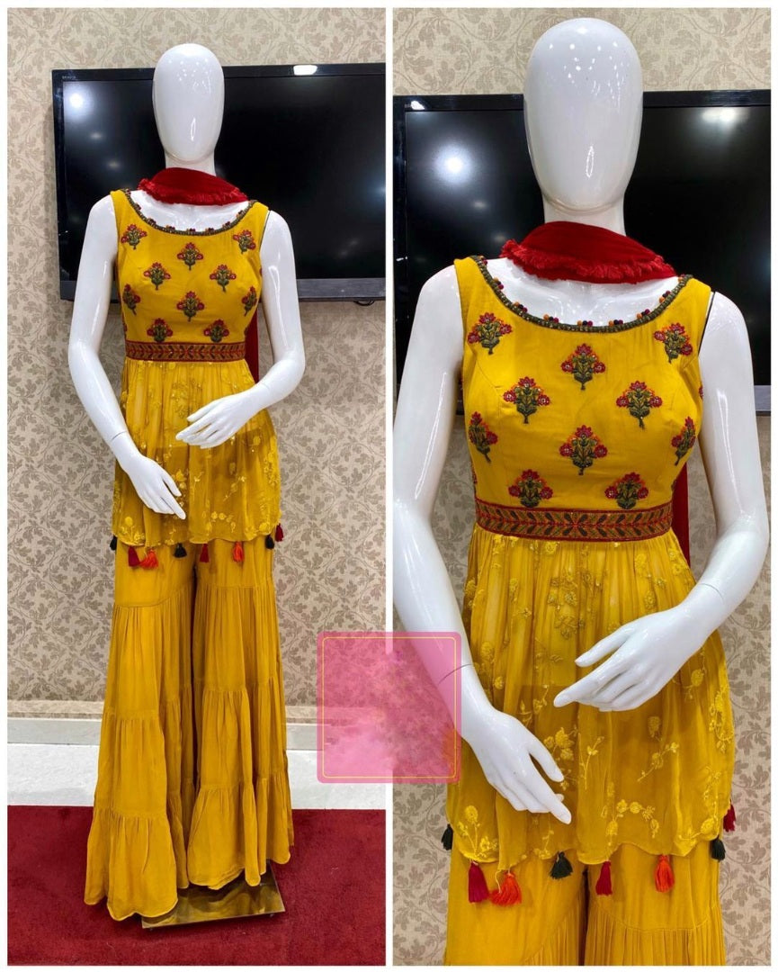 Yellow georgette embroidered sharara salwar suit