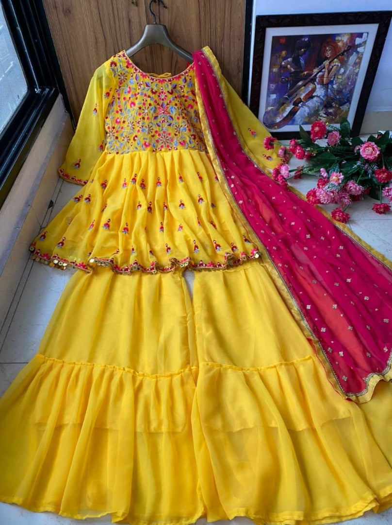 Yellow georgette embroidered sharara salwar suit