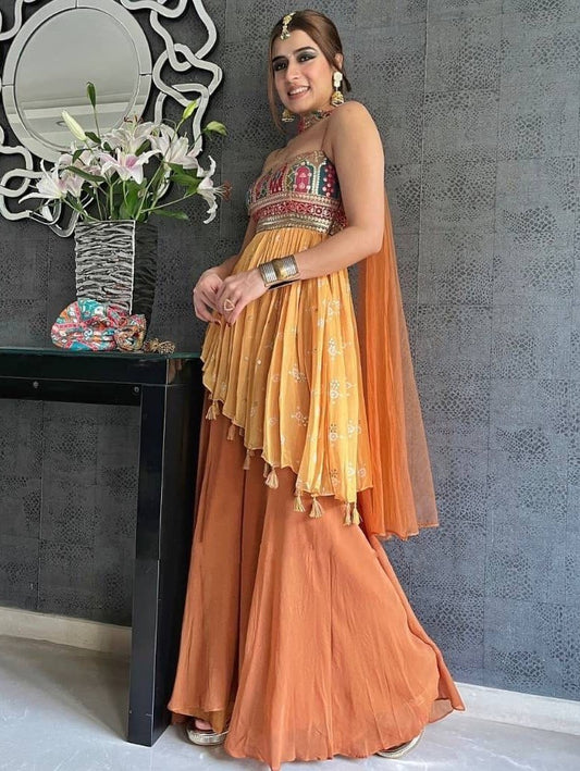 Yellow georgette embroidered sharara suit