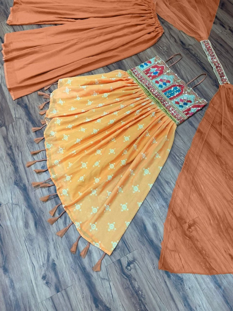 Yellow georgette embroidered sharara suit