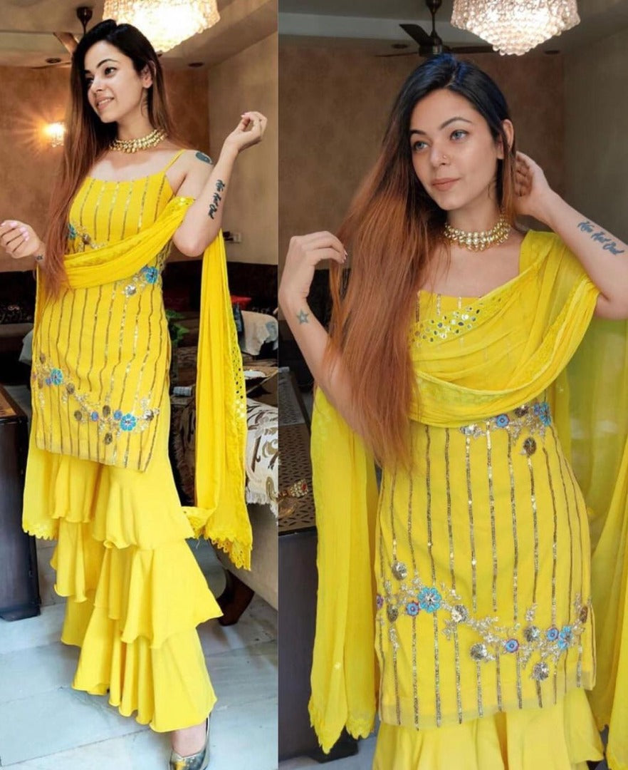 Yellow georgette embroidery work fancy plazzo suit