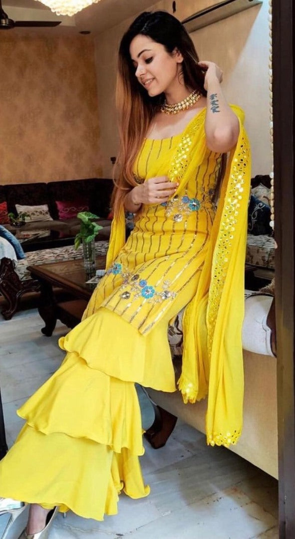 Yellow georgette embroidery work fancy plazzo suit