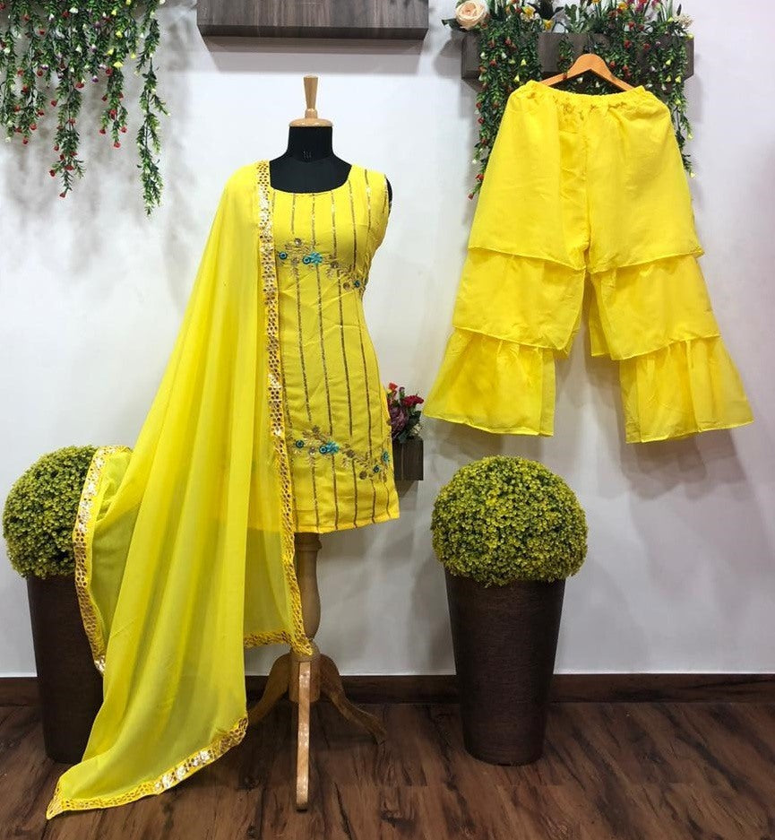 Yellow georgette embroidery work fancy plazzo suit