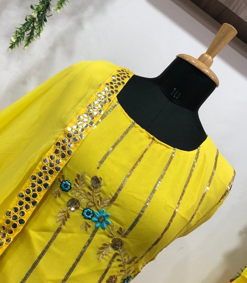 Yellow georgette embroidery work fancy plazzo suit