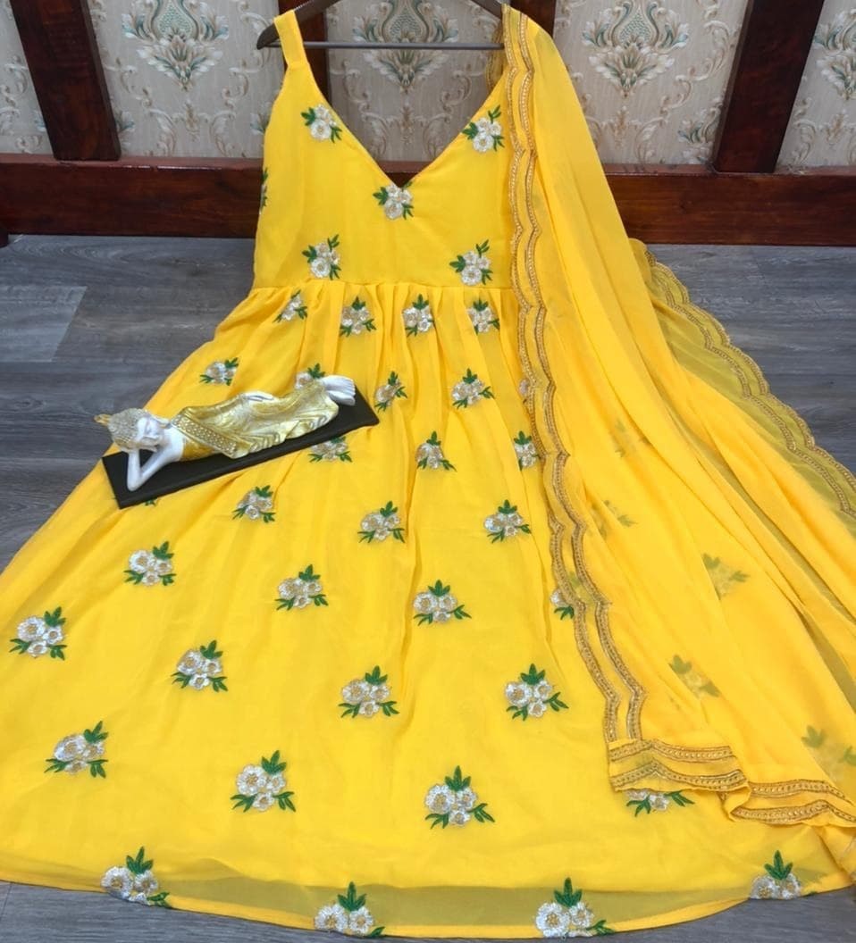 Yellow georgette embroidery work gown