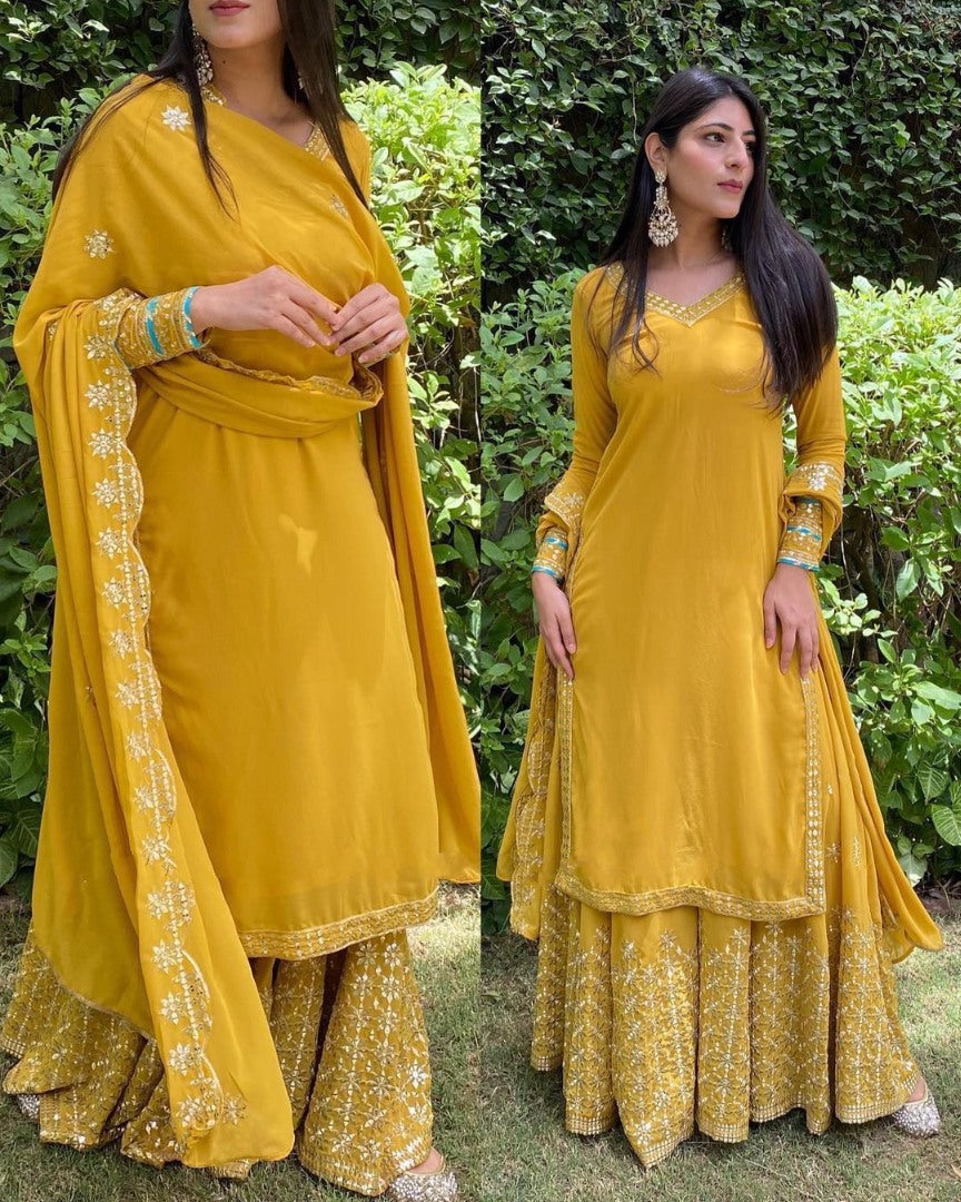 Yellow georgette embroidery work party wear palazzo suit