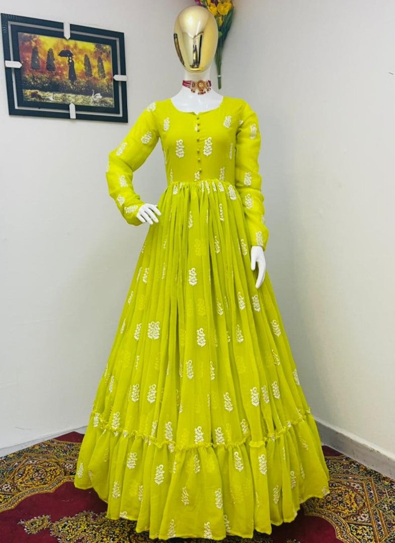 Yellow georgette embroidery work party wear ruffle gown