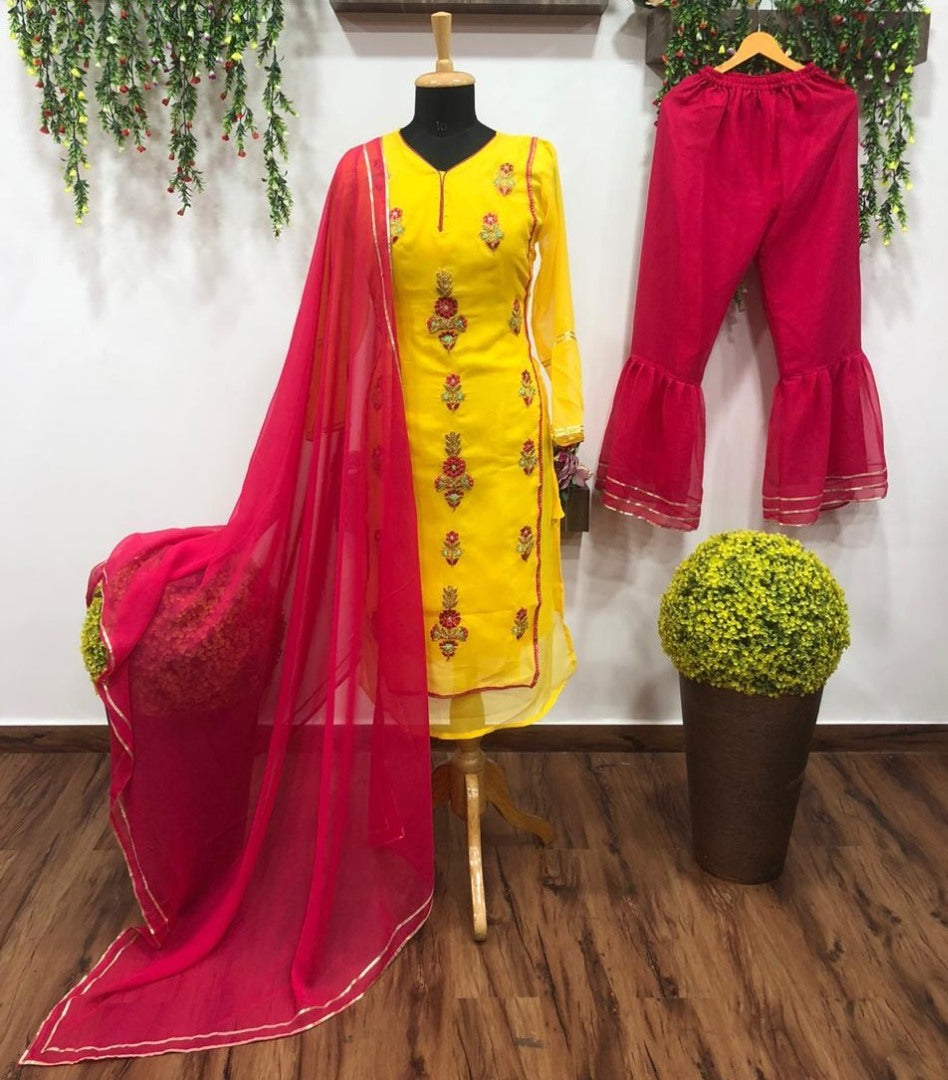 Yellow georgette embroidery work plazzo suit