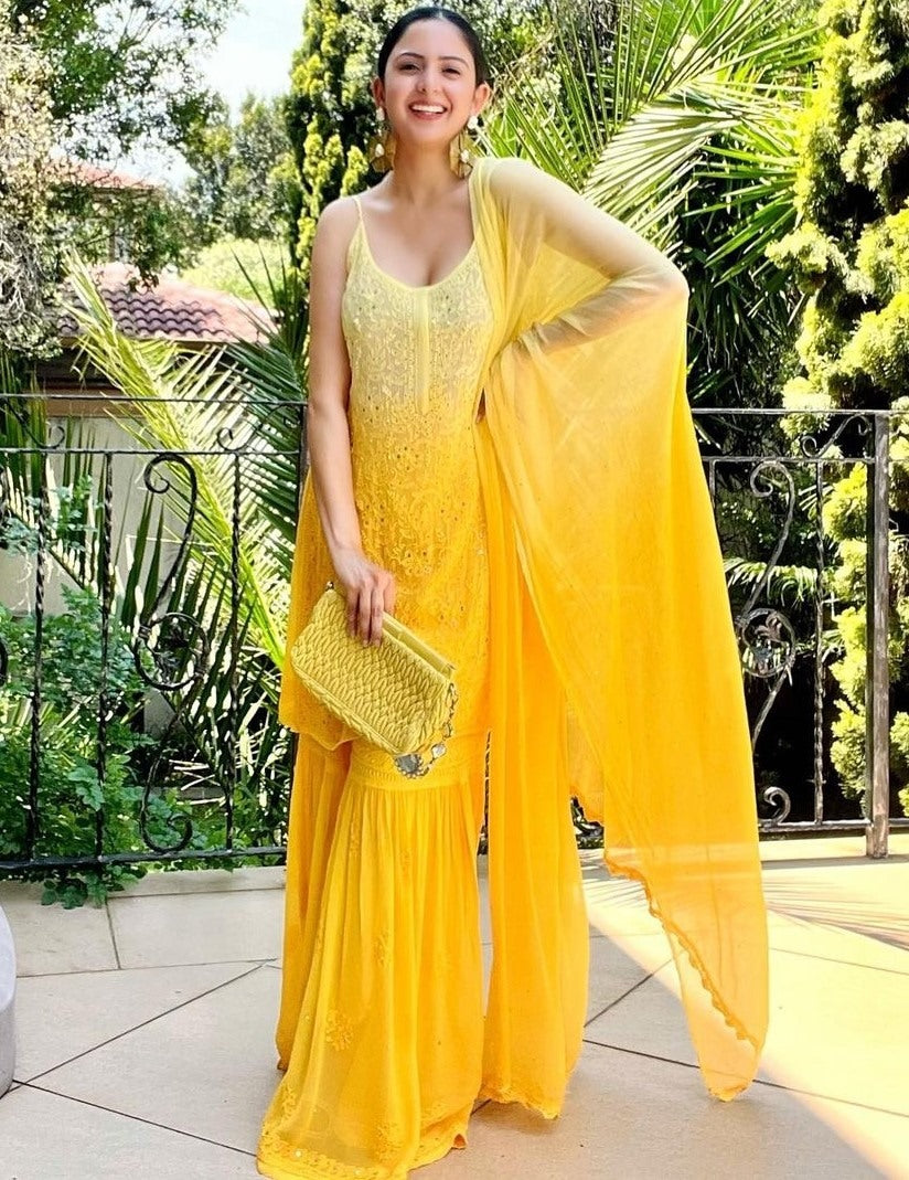 Yellow georgette embroidery work sharara suit for haldi ceremony