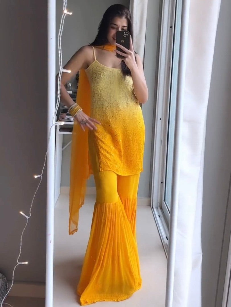 Yellow georgette embroidery work sharara suit for haldi ceremony
