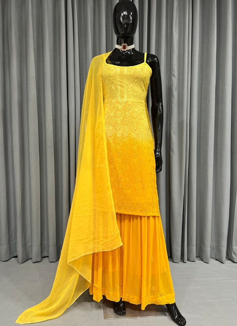 Yellow georgette embroidery work sharara suit for haldi ceremony