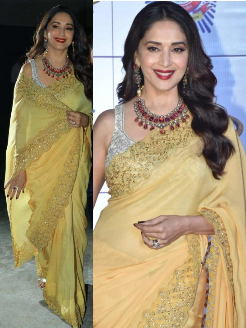 Yellow georgette fancy multi threadwork designer saree