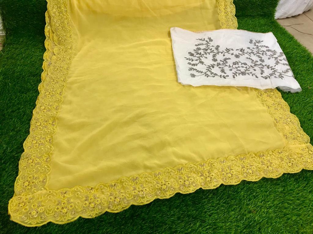 Yellow georgette fancy multi threadwork designer saree