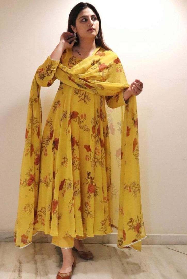 Yellow georgette floral printed anarkali suit