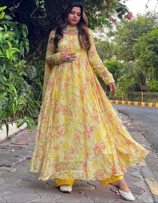 Yellow georgette floral printed anarkali suit